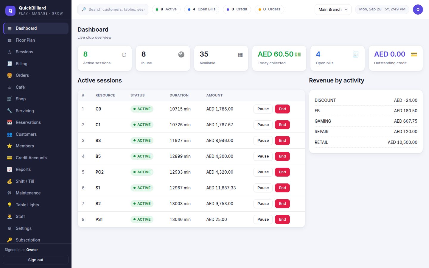 Live dashboard